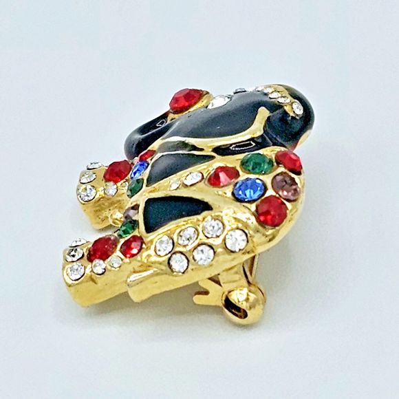 Vintage Jeweled Elephant Brooch Black Enamel Indian Asian Gold Tone Jewelry Pin - Picture 5 of 10